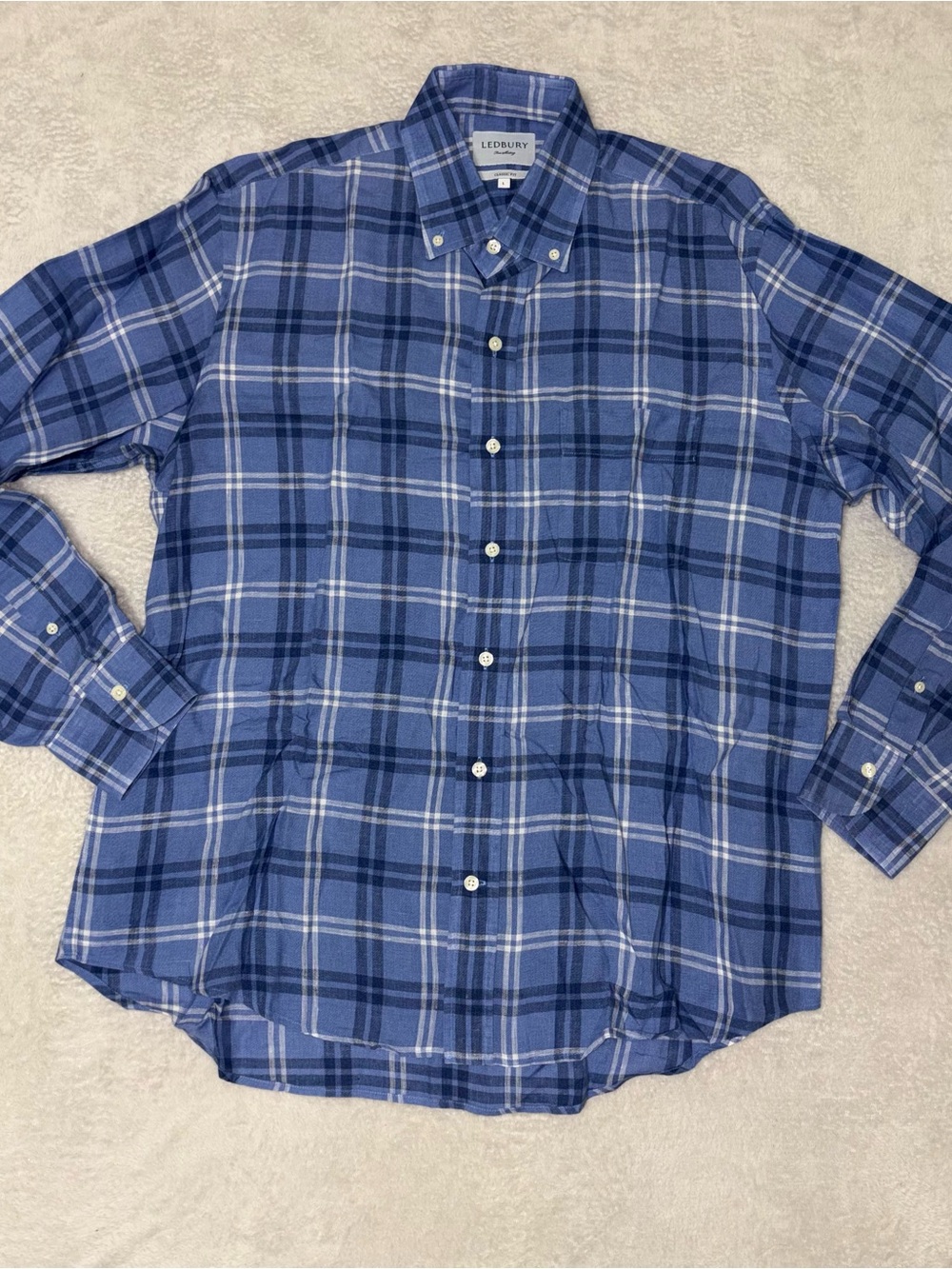 Ledbury Classic Fit Mens 100% Linen Button Down Shirt Blue Plaid Large